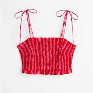 H&M pink red striped smocked crop top size Large NWT